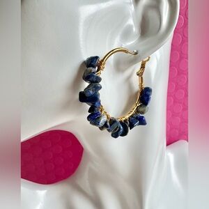 New Natural Blue Sodalite Stone Wire Wrapped Gold Tone Hoop Earrings - 2”